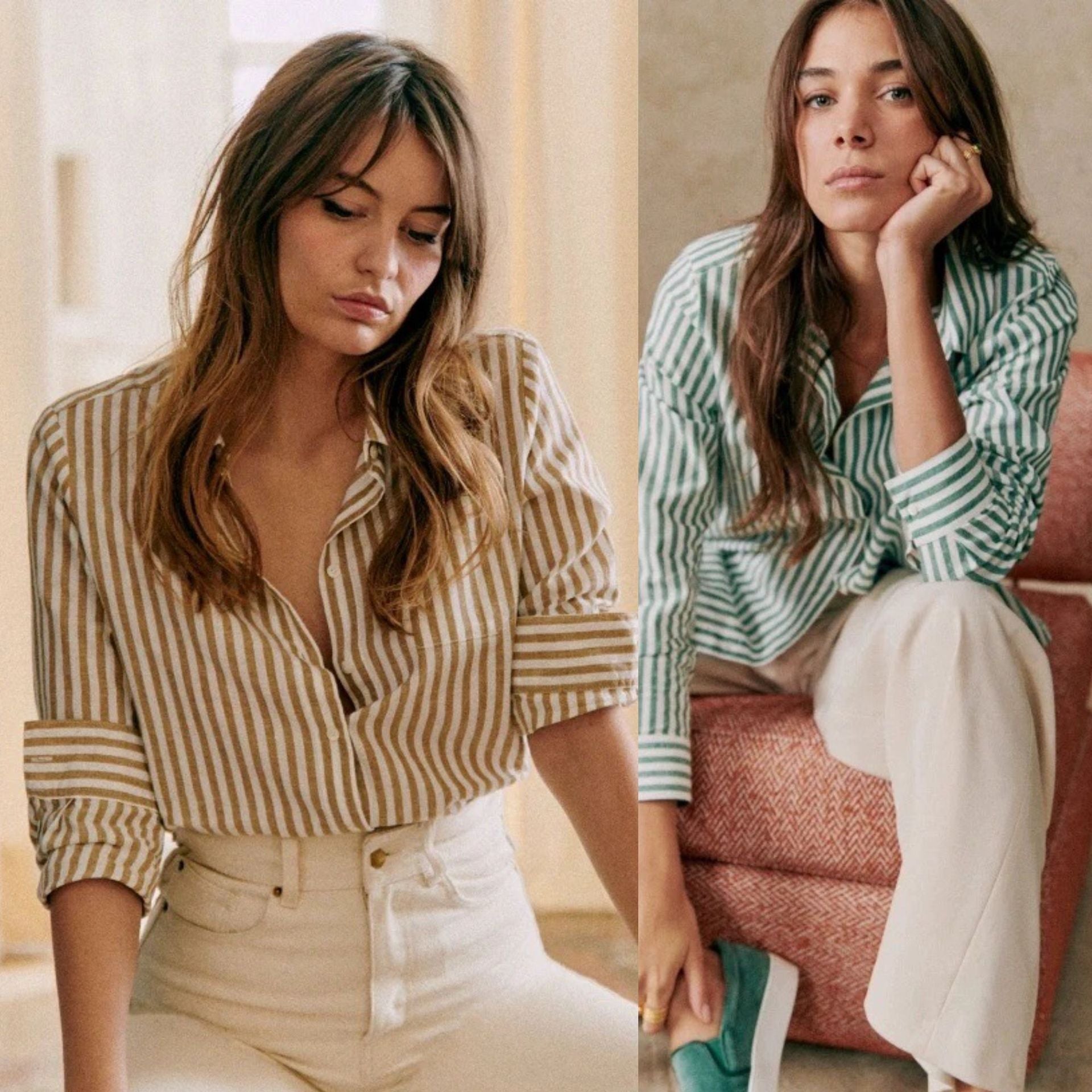 Artistic Cotton Green And White Striped Casual Loose Boyfriend Style Shirt