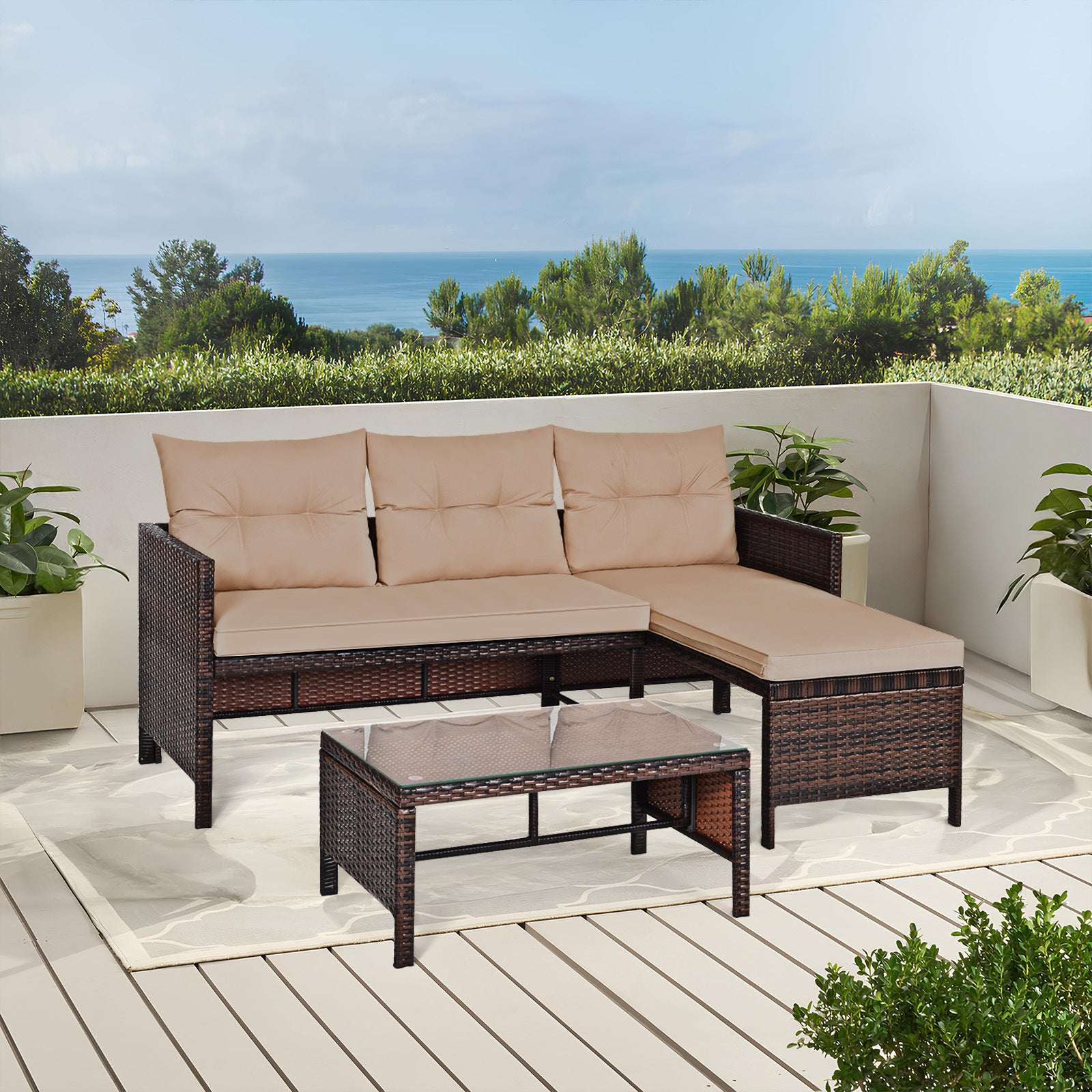 3pcs Outdoor Rattan Sectional Sofa Set • Patio Wicker Conversation Furniture • Metal Frame and Seat Cushions • for Garden, Lawn, Pool, Backyard