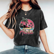 Loose-Fit Coconut Tree Print Top – Short Sleeves, Round Neck
