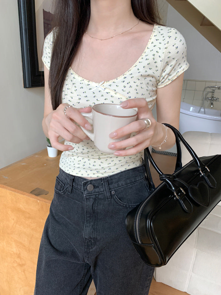 Floral Bow Short-Sleeve Scoop Neck Tee