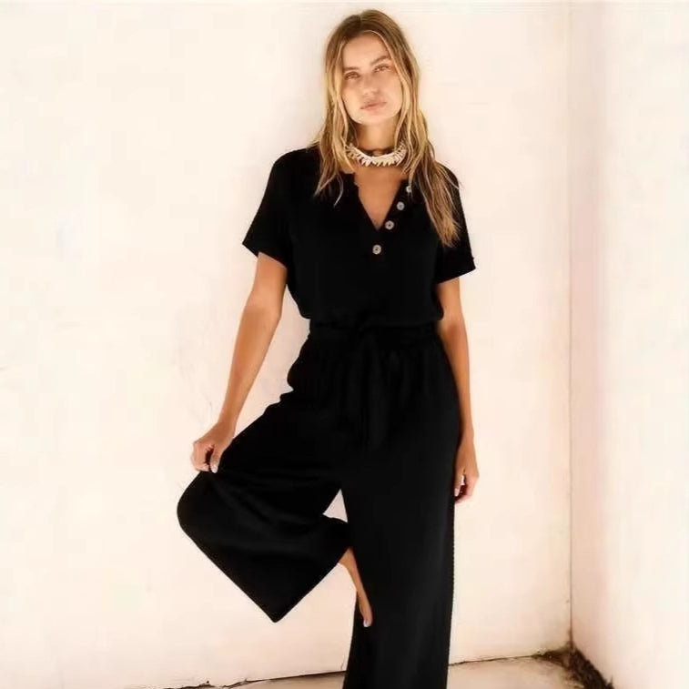 New Womens V-neck Buttoned Short-sleeve Wide-leg Pants With A Tie