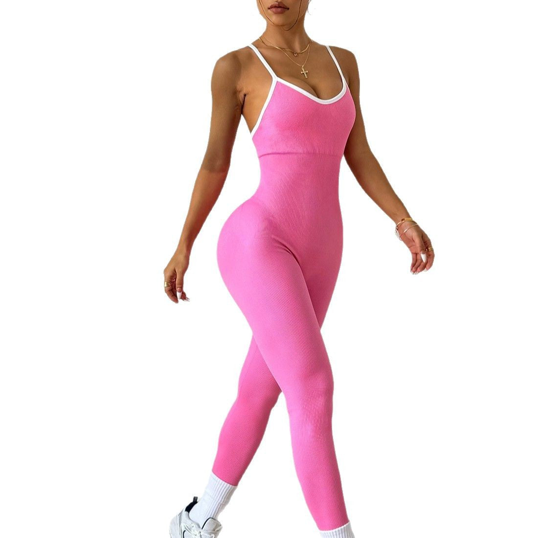 Contrast Color Sleeveless Sports Jumpsuit for Outdoor Fitness