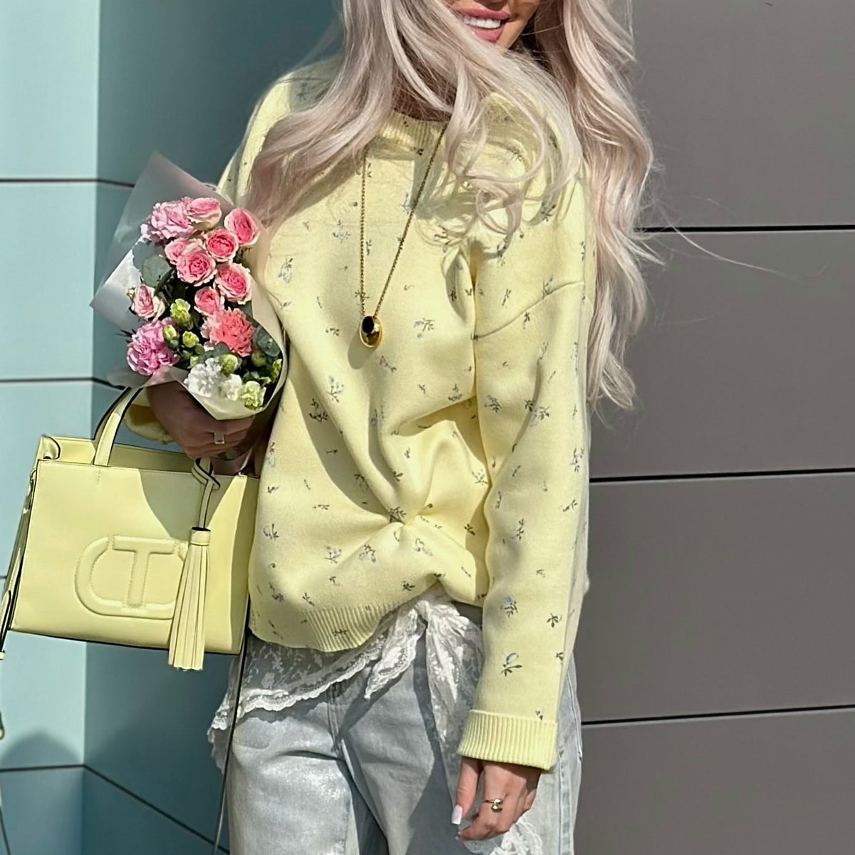 Womens European and American-style Chic Floral-print Crew-neck Pullover Sweater