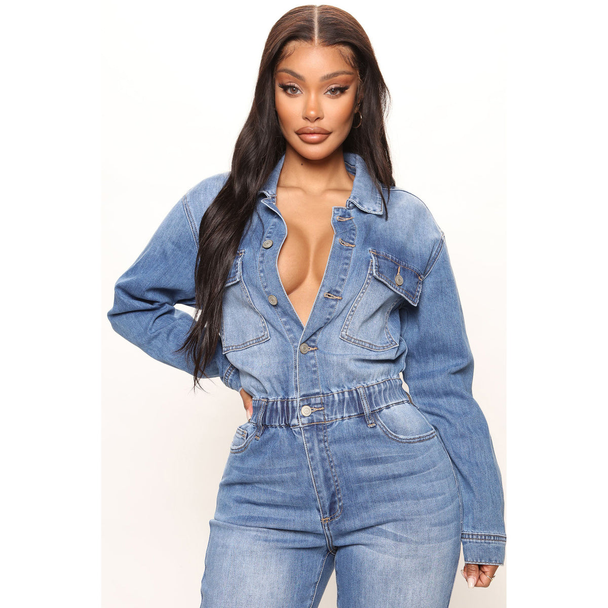 Washed Denim Long Sleeve Slim Waist Jumpsuit