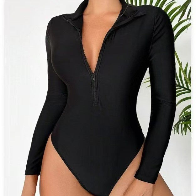 Gradient Ombre Body-Sculpting Long-Sleeve One-Piece Swimsuit