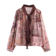 Womens Fashion Casual Loose Printed Bow-Knot Shirt