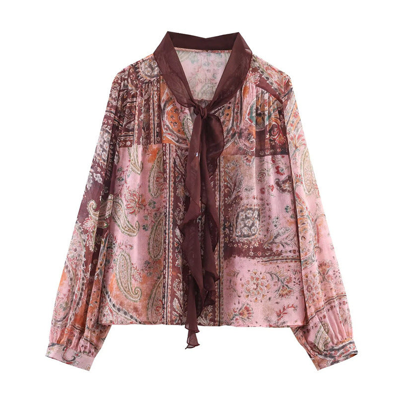 Womens Fashion Casual Loose Printed Bow-Knot Shirt
