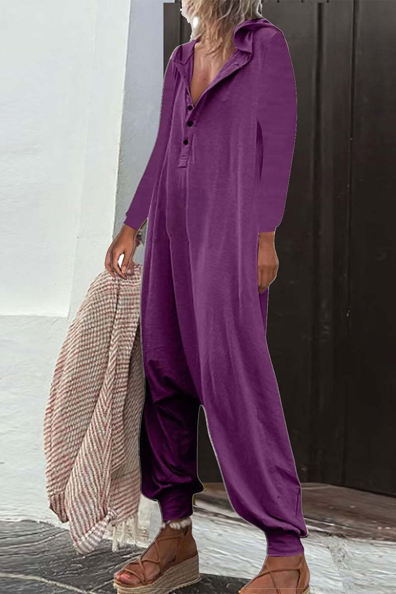 Casual Hooded Pocket Long Sleeve Jumpsuit Baggy Pants