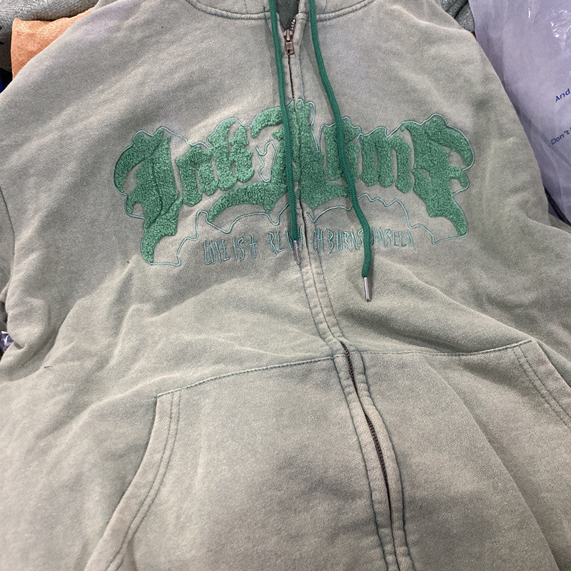 Handdrawn Letter Loose Long Sleeve Zip Cardigan Hoodie