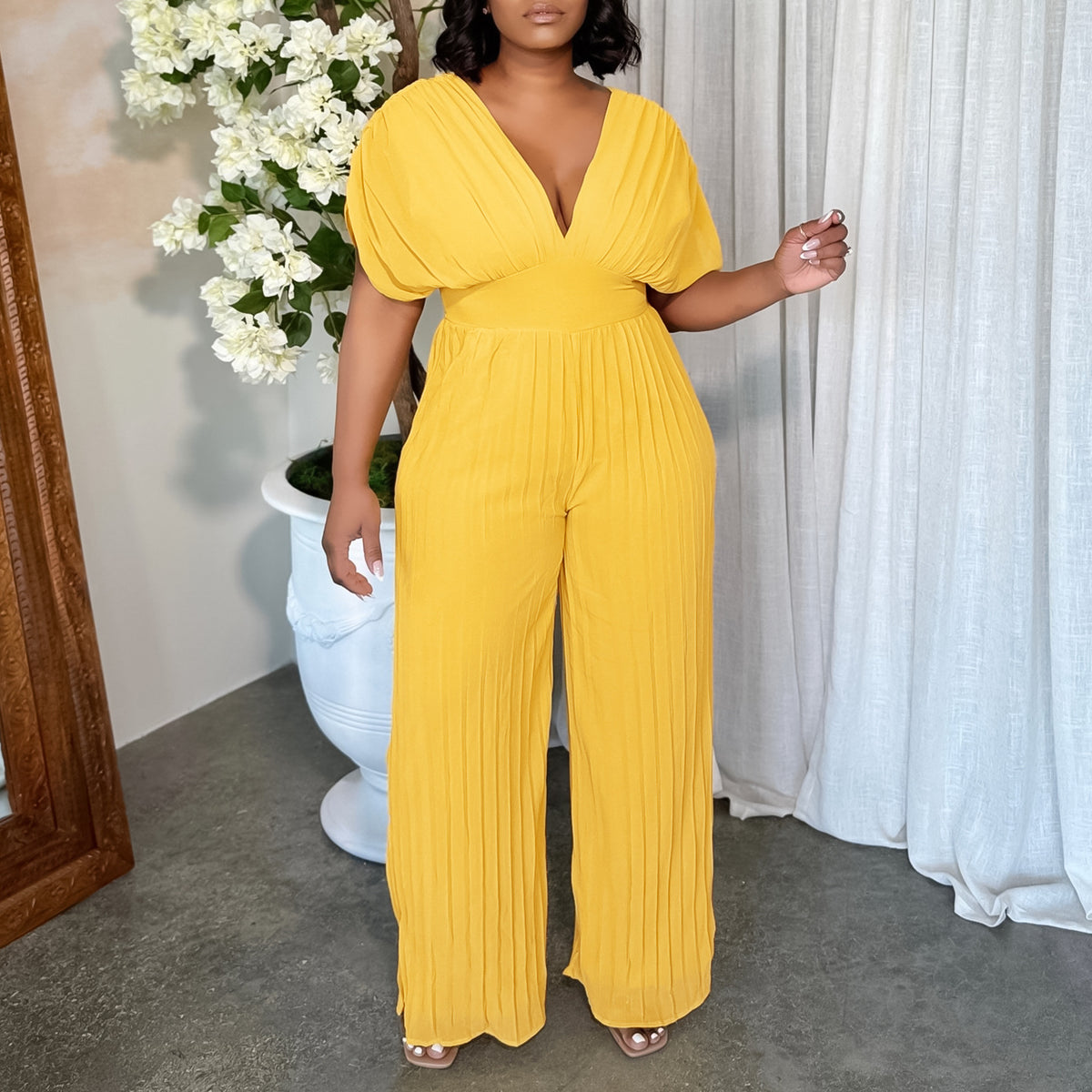 Elegant V-Neck Pleated Wide-Leg Jumpsuit