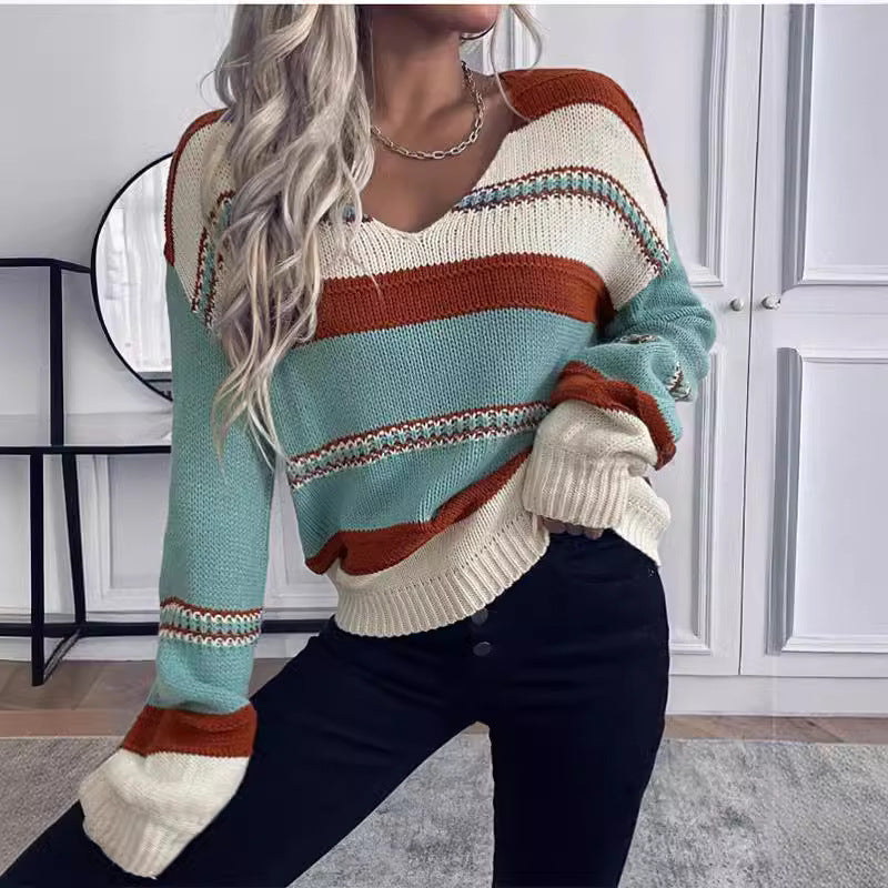 Women's V-neck Casual Loose Contrast Color Striped Pullover