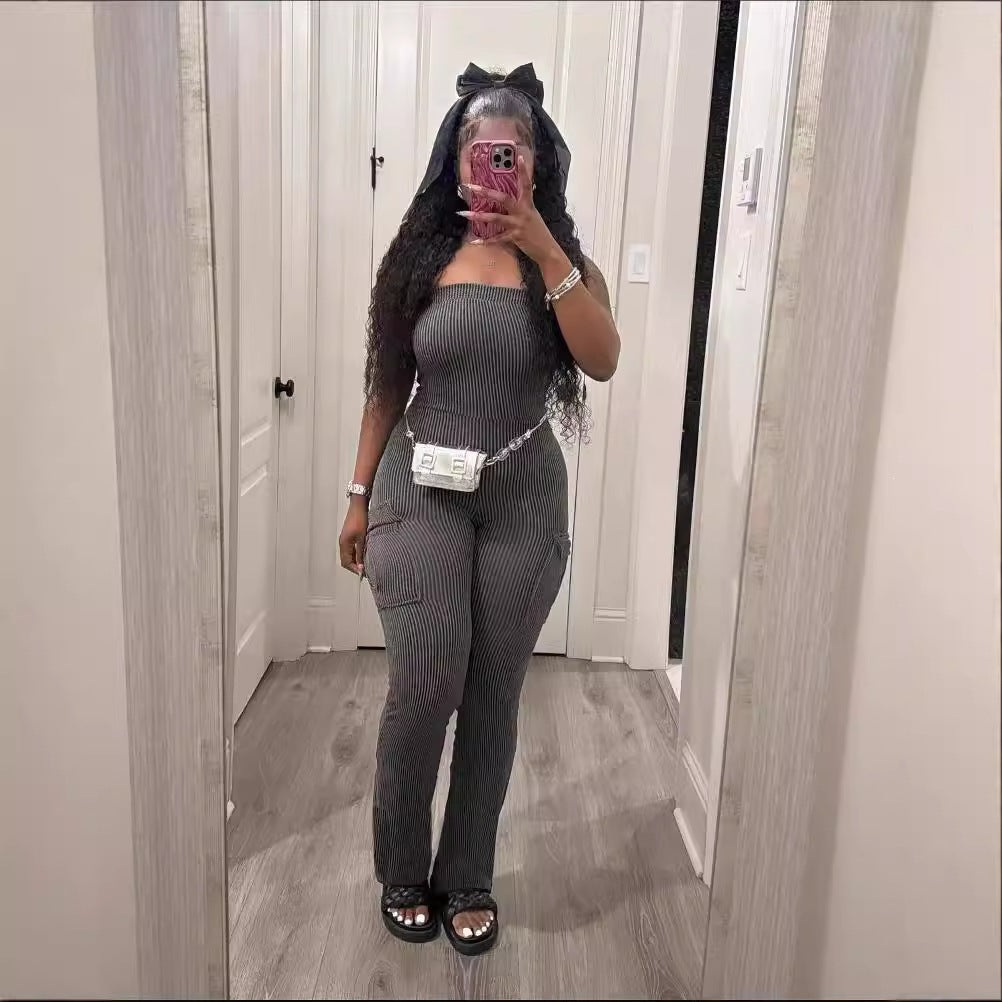 Womens Fashion Solid-color Ribbed-pocket Bodycon Jumpsuit