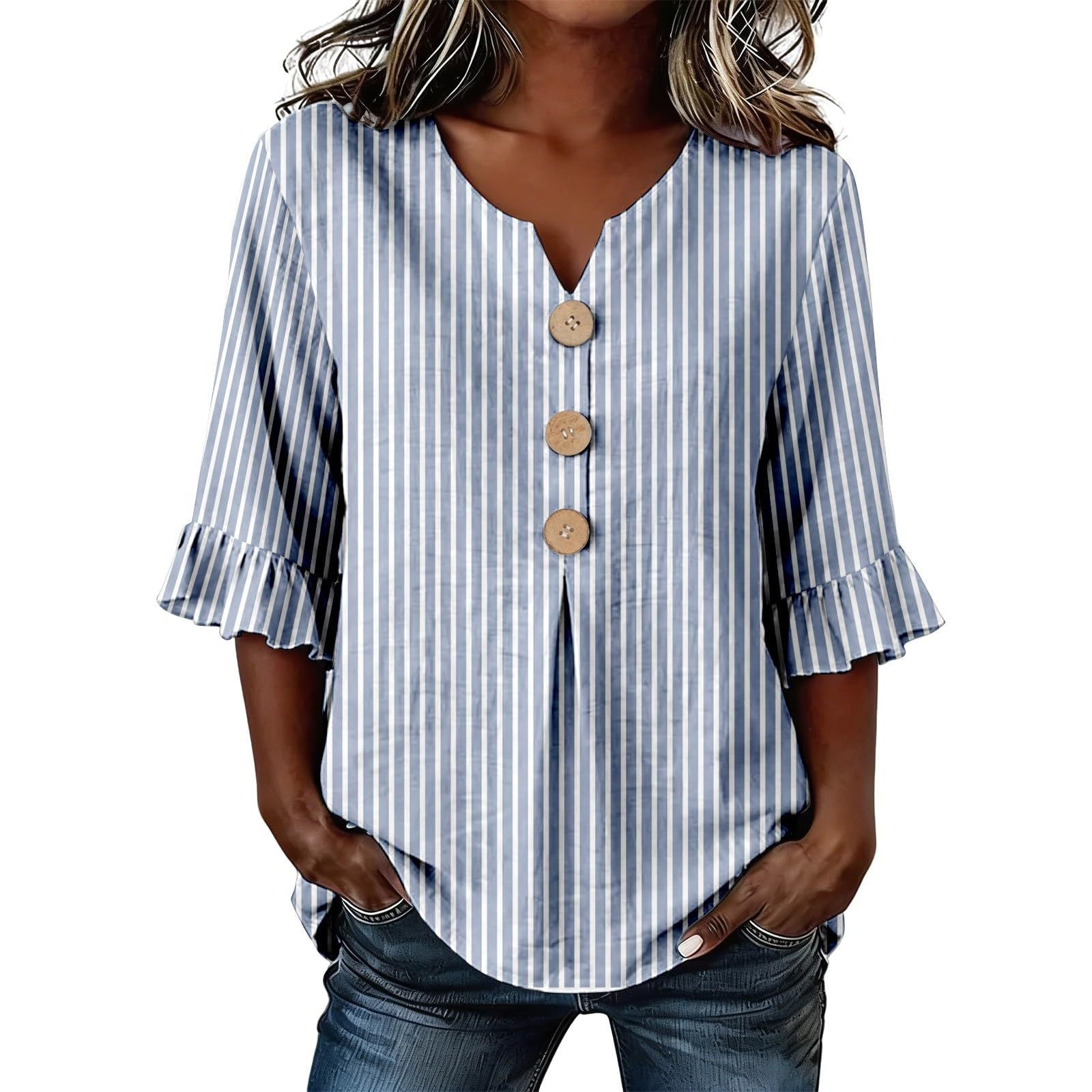 Womens Three-quarter-sleeve Buttoned Blouse With A Floral Pattern