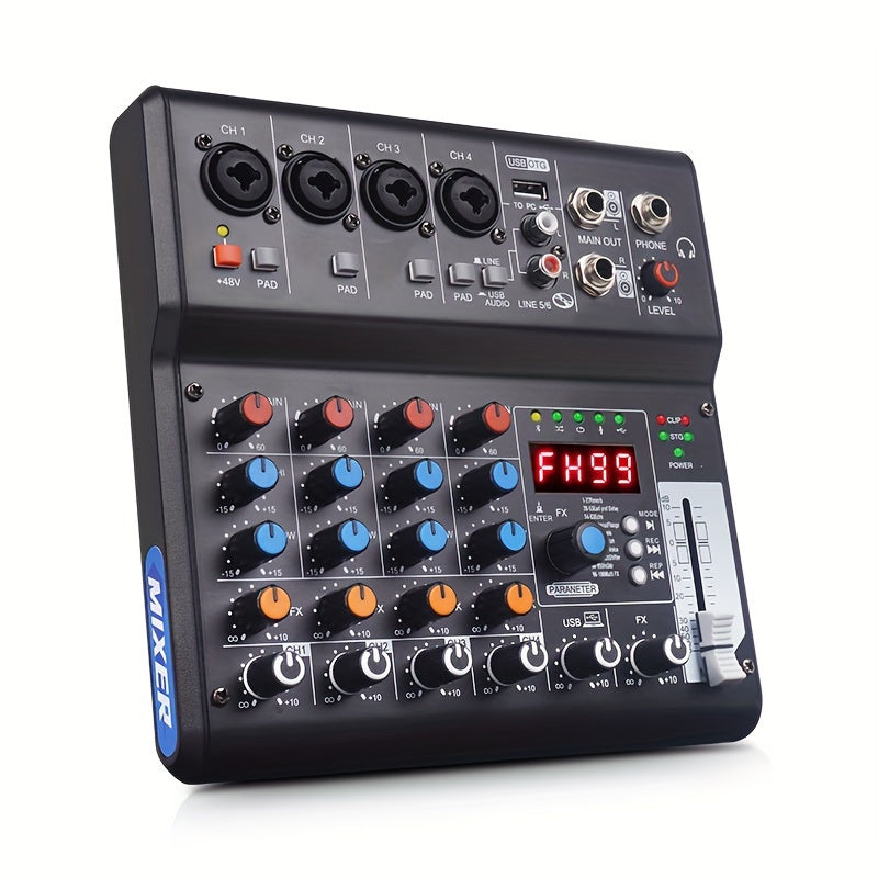 4-Channel DJ Audio Mixer with USB and SD Card Recording