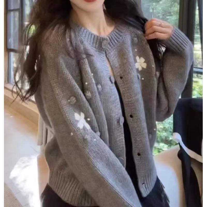 Womens Cropped Embroidery Sweater Jacket for Early Fall and Winter