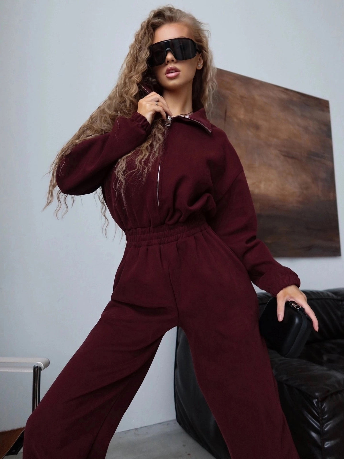 Women's Long-Sleeve Zip-Front Collared Jumpsuit