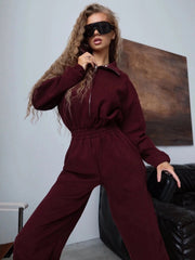 Women's Long-Sleeve Zip-Front Collared Jumpsuit