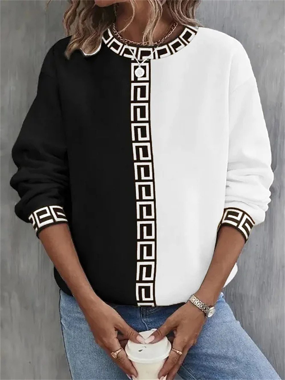 Color-blocked Hoodie Casual Sporty Round-neck Long-sleeve Top