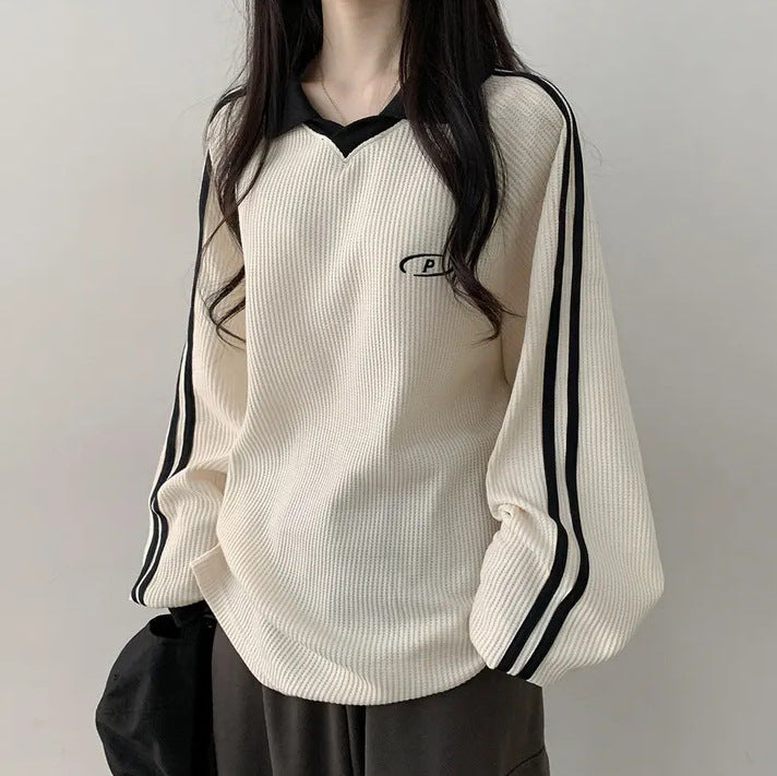Vintage Waffle Knit Polo Sweater for Women