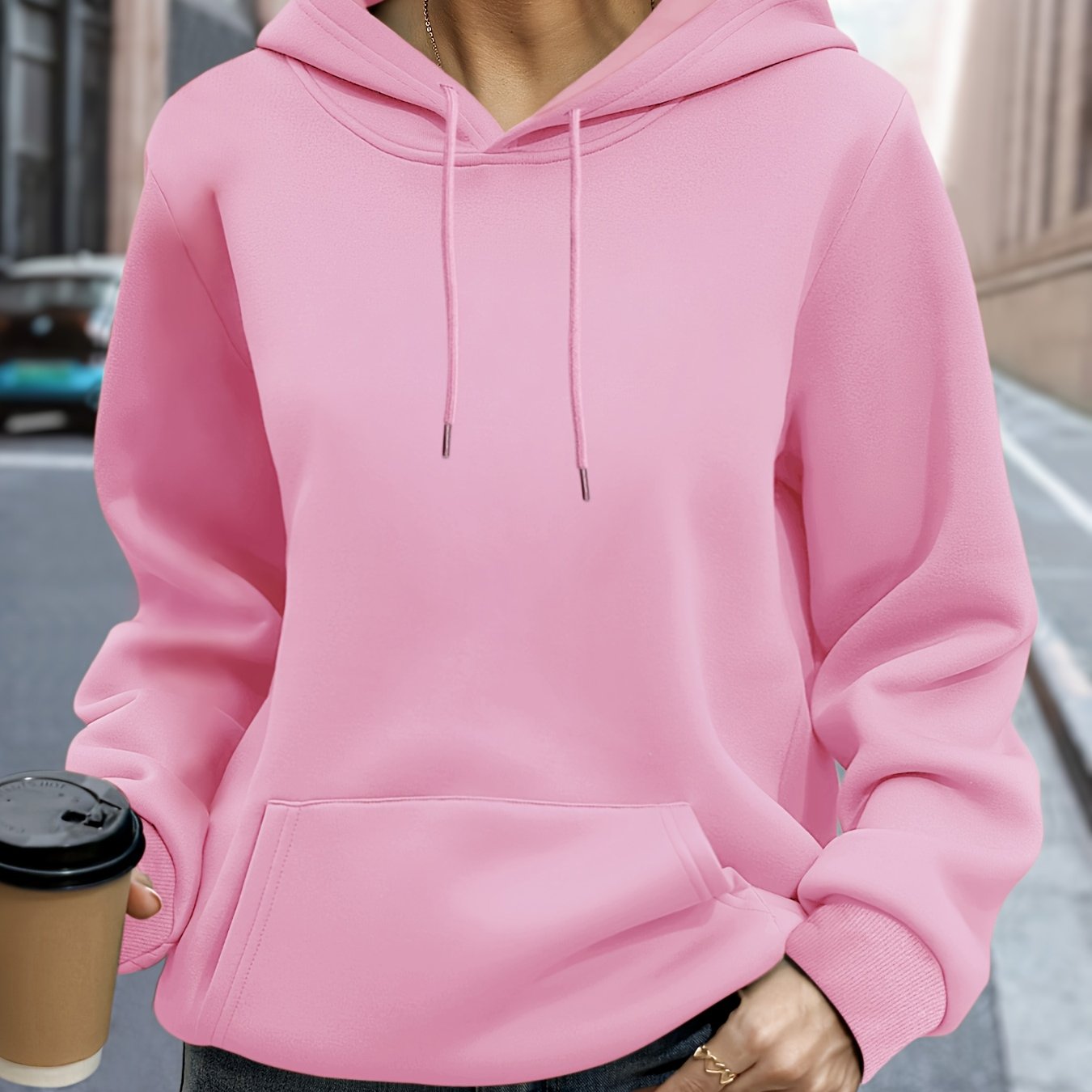 Plus Size Solid Color Hooded Sweatshirt with Pocket and Drawstring