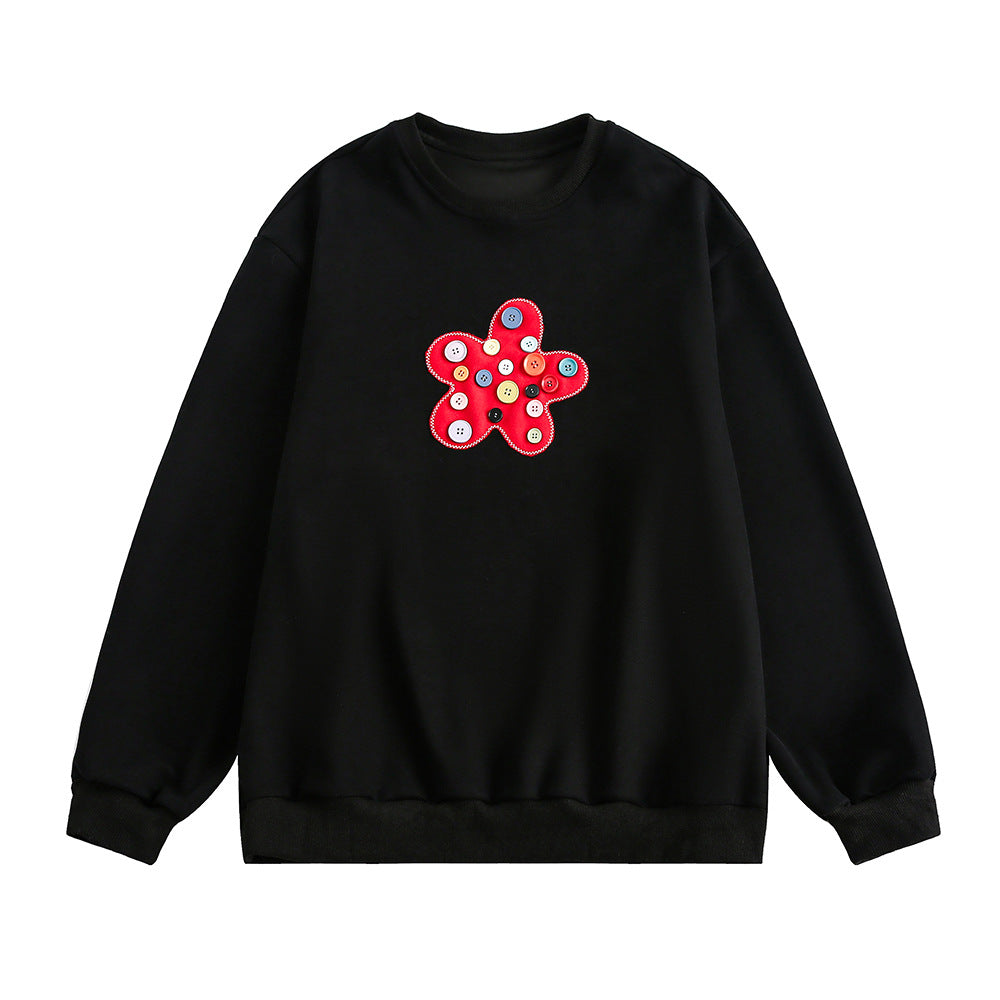 Floral Embroidered Loose Round Neck Cotton Sweater