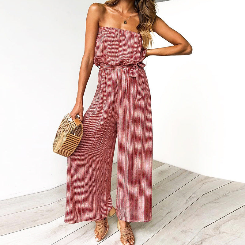 Women's Striped Strapless Wide-Leg Lace-Up Jumpsuit