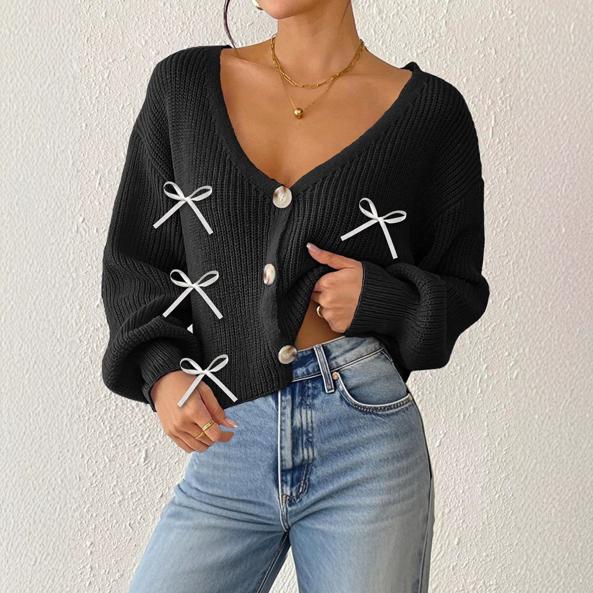 Bow-knot Knitted Cardigan Womens Long-sleeved Sweater Jacket