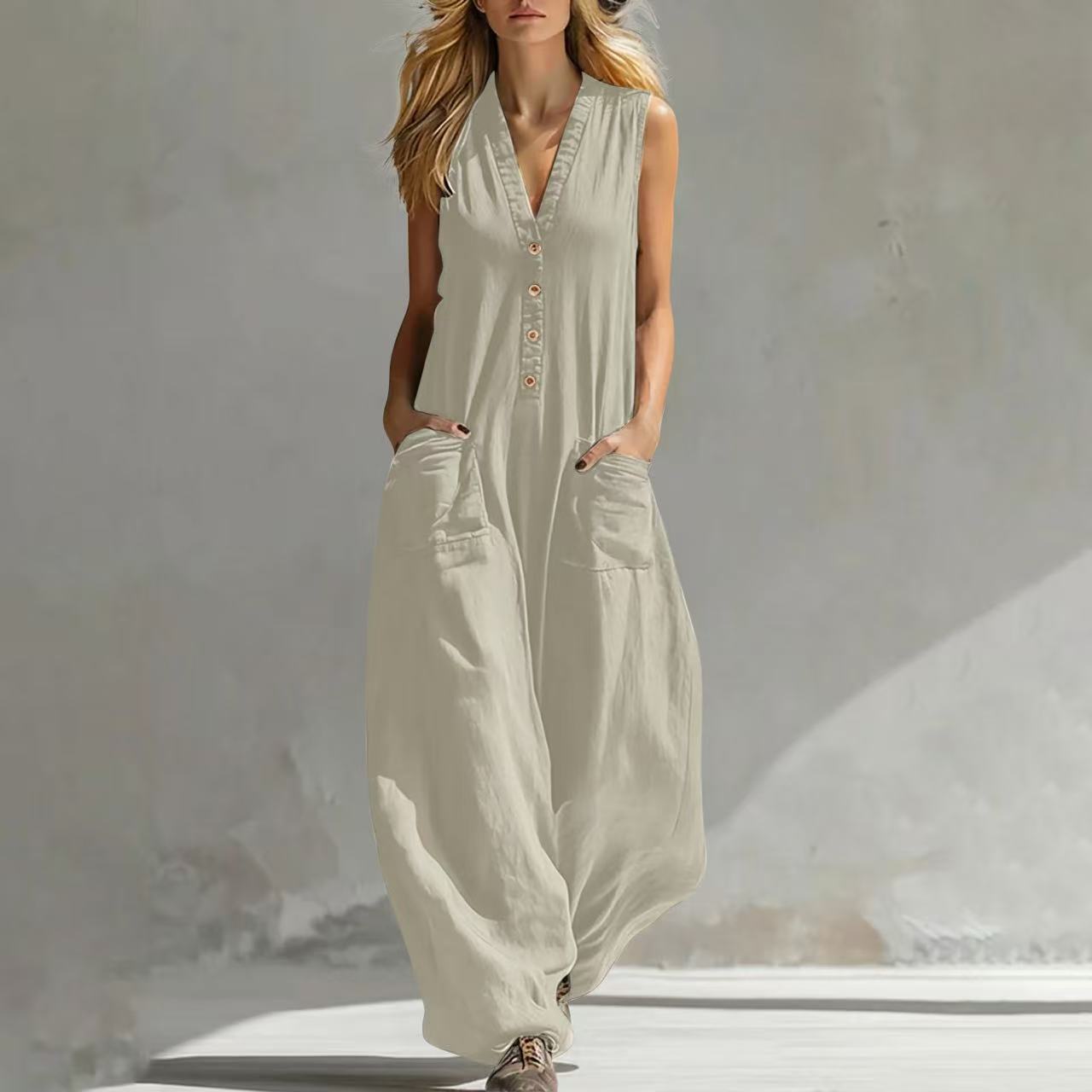 Women's Casual Linen-Cotton Sleeveless Pocket Jumpsuit