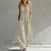 Women's Casual Linen-Cotton Sleeveless Pocket Jumpsuit