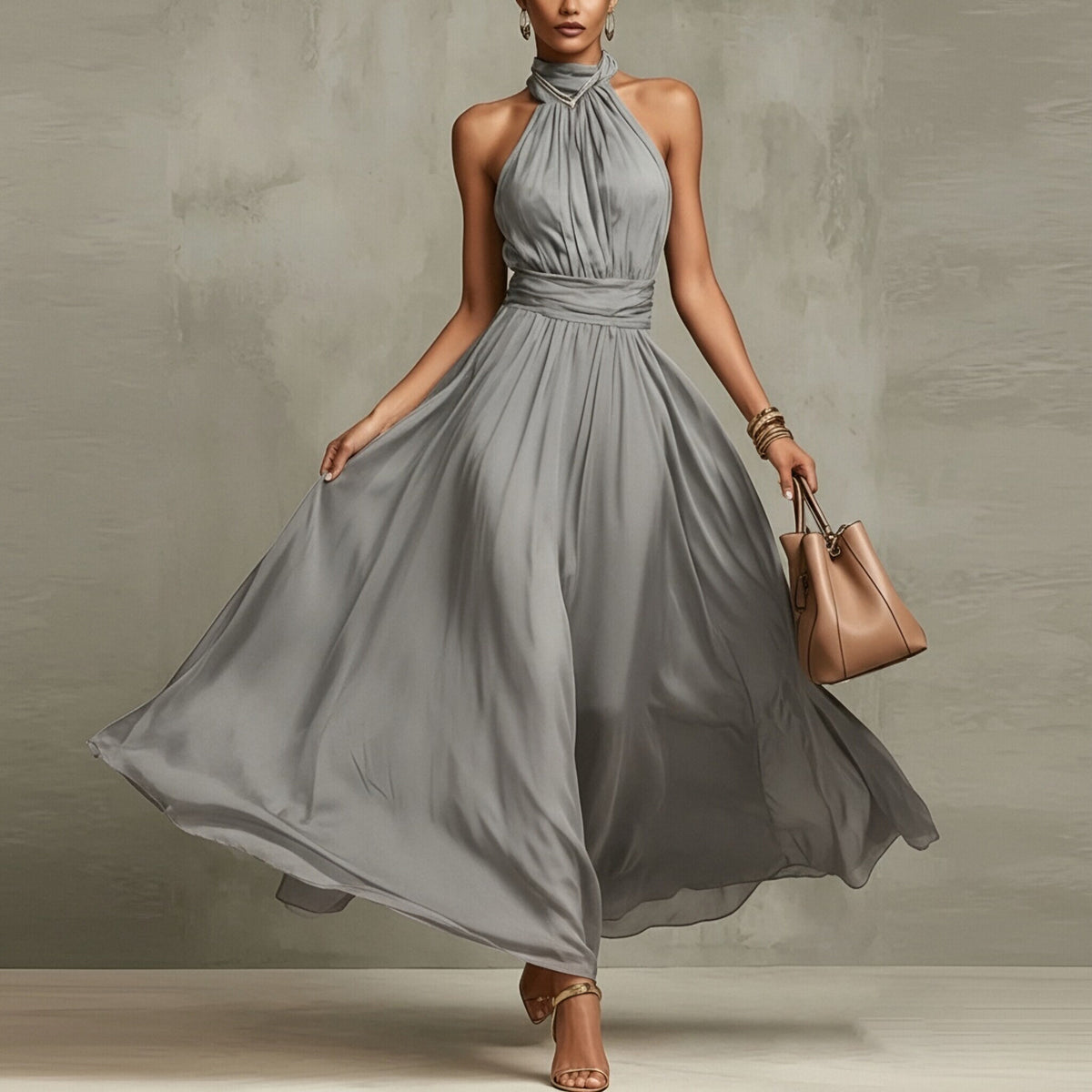 Elegant Summer Halter Neck Sleeveless Printed Long Dress