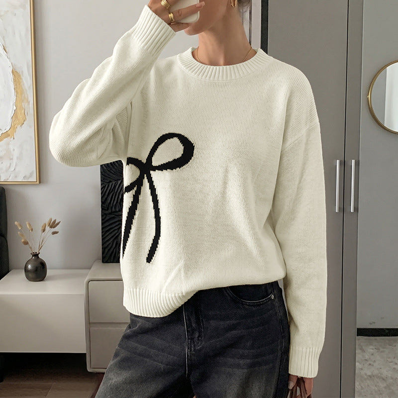 Casual Loose-fit Crew-neck Long-sleeve Sweater with a Bow Tie