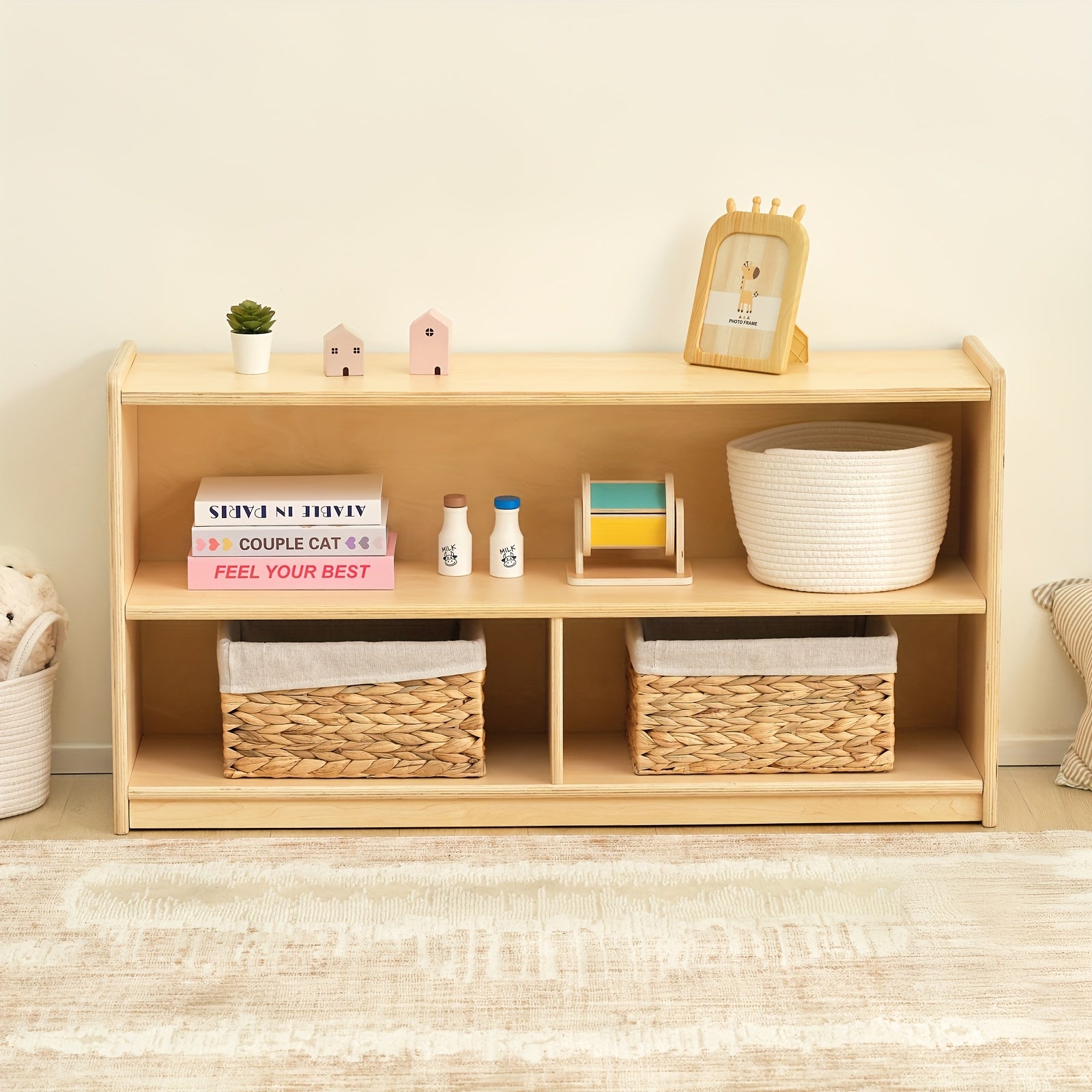 [Wood Storage Organizer] Large Wood Storage Organizer, 2-Shelf Wood Bookshelf, 5-Section Kids Bookshelf, Wooden Storage Cabinet for Classroom, Kids Bookcases And Toddler Shelf for Kids Room, Playroom, Nursery