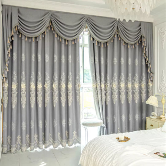 Embroidered Curtain with Relief Design Blackout and Thickened Floor-length Curtain
