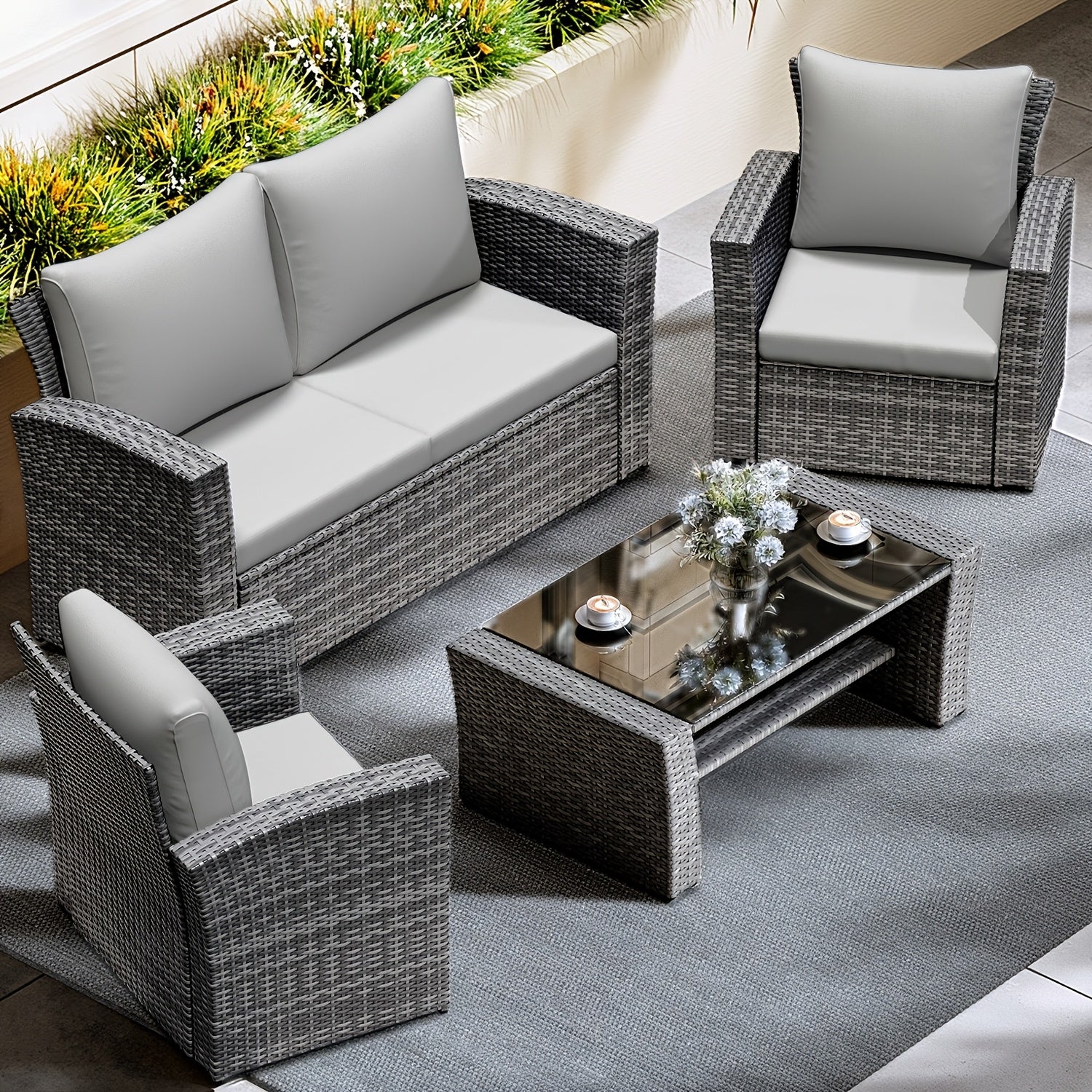 ROYALCRAFT 4pcs Patio Furniture Sets All Weather Outdoor Sectional Sofa Manual Weaving Wicker Rattan Outdoor Conversation Set with with Cushion And Glass Table