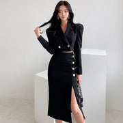 High Waist Slimming Coat Skirt Suit for Women - Black