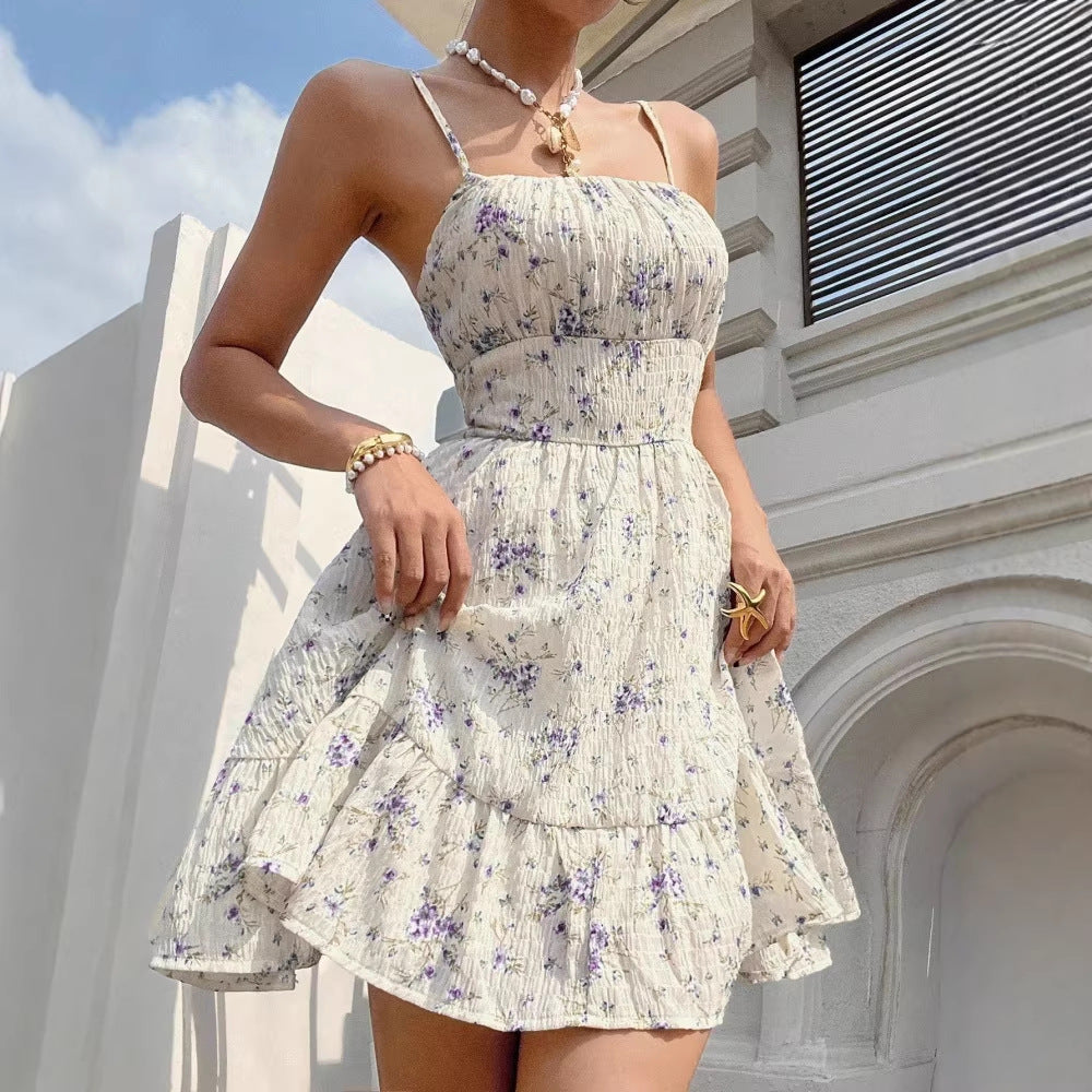 Elegant Floral-print Strap Dress with a Fitted Waist