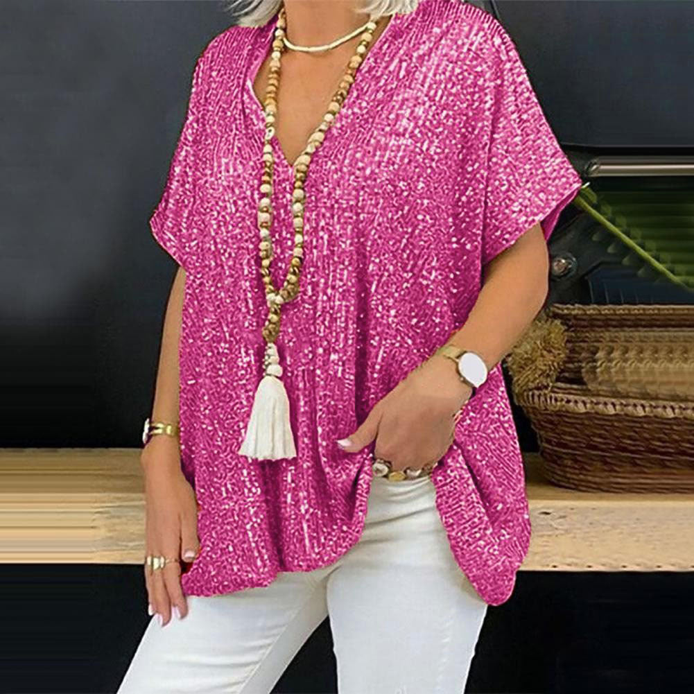Women's Sequined V-Neck Loose Pullover Top