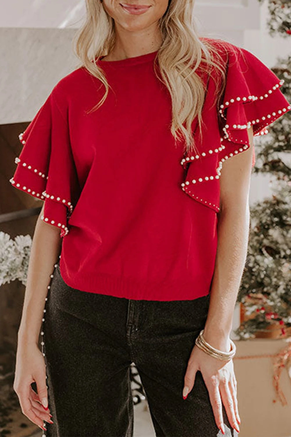 Women's Stitching Round Neck Sweater with Short Sleeves