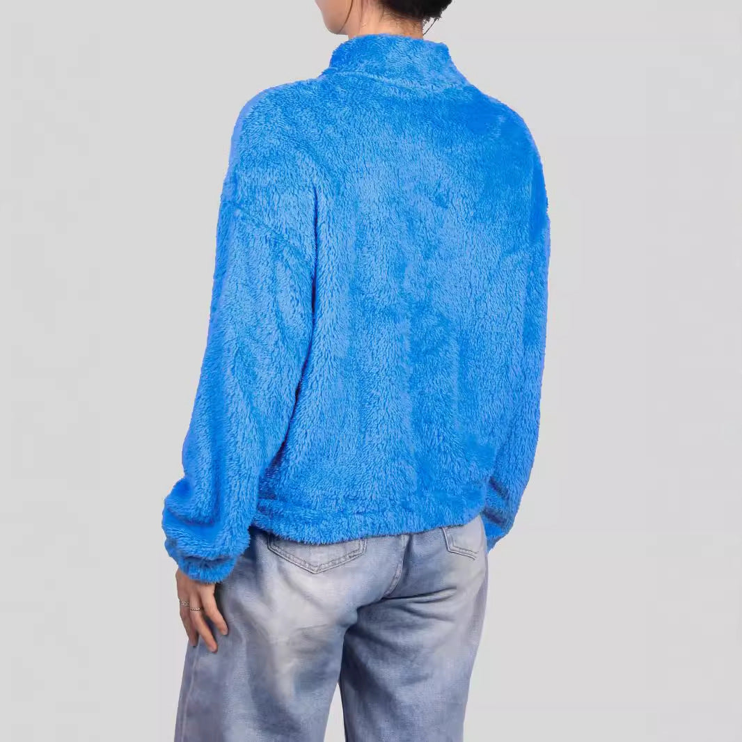 Thermal Half-high Collar Long Sleeves Zipper Design Loose Casual Top
