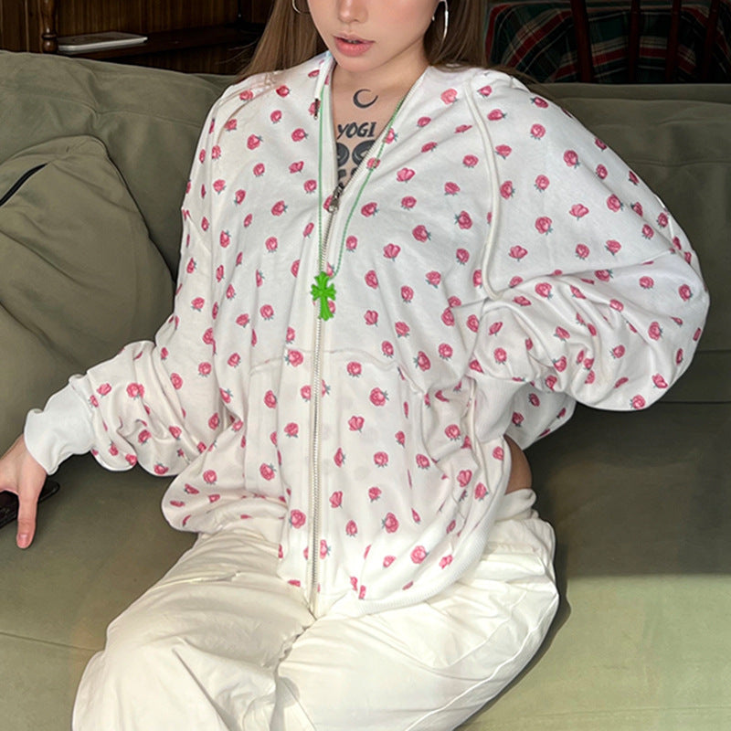 Sweet Rose Print Zip-Up Hoodie
