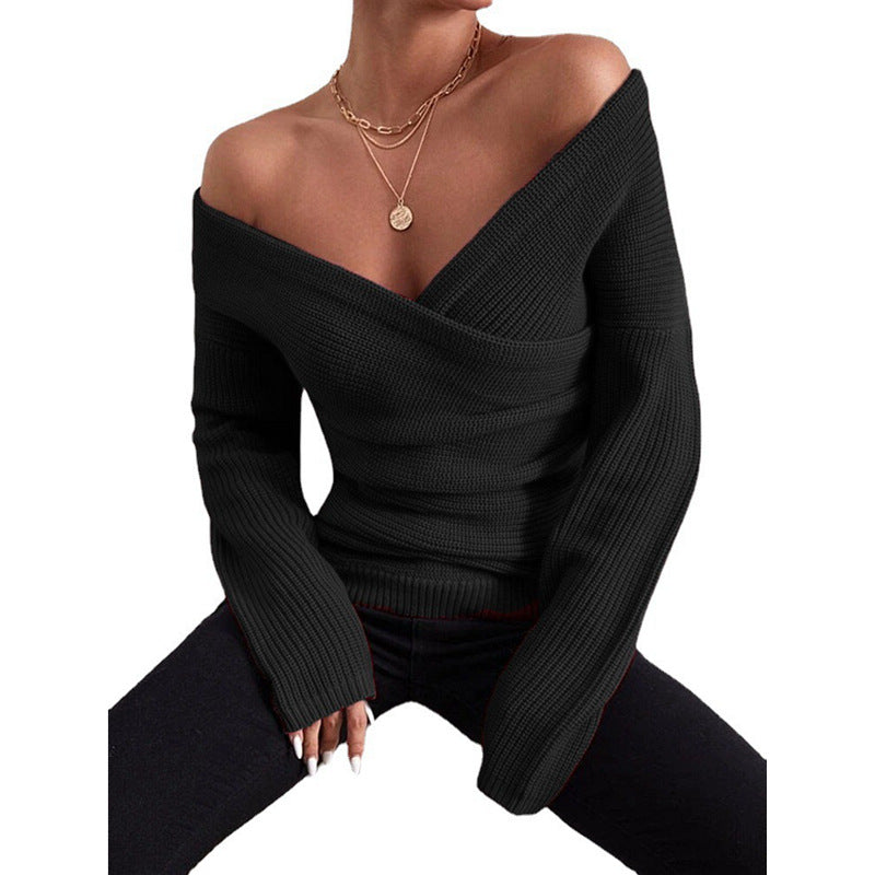 Crew-neck Off-shoulder Casual Cross-over Fitted Knit Sweater