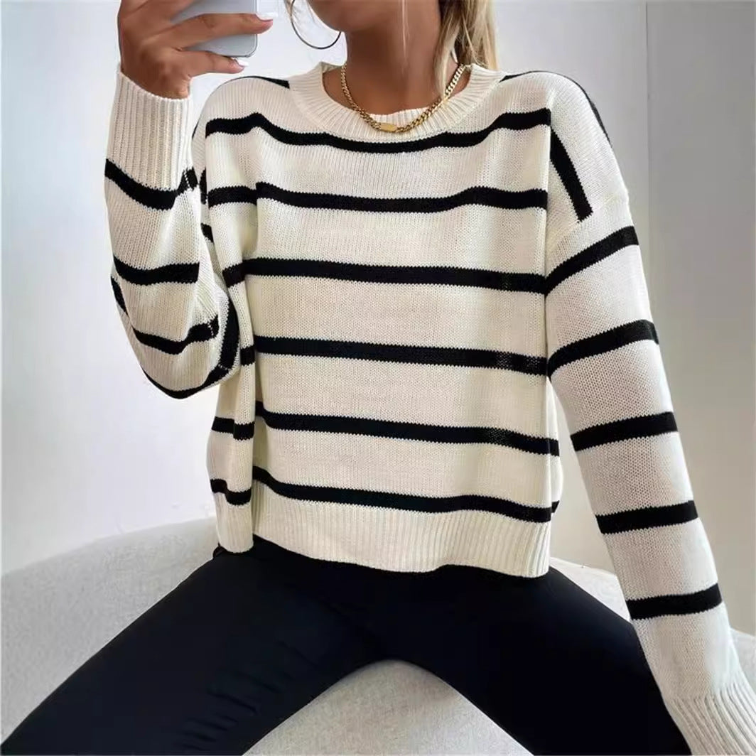 Round Neck Pullover Long Sleeve Base Layer Color Block Sweater Women