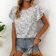 Floral Ruffle Sleeve Loose Fit Short‑Sleeve Top – Women’s Casual