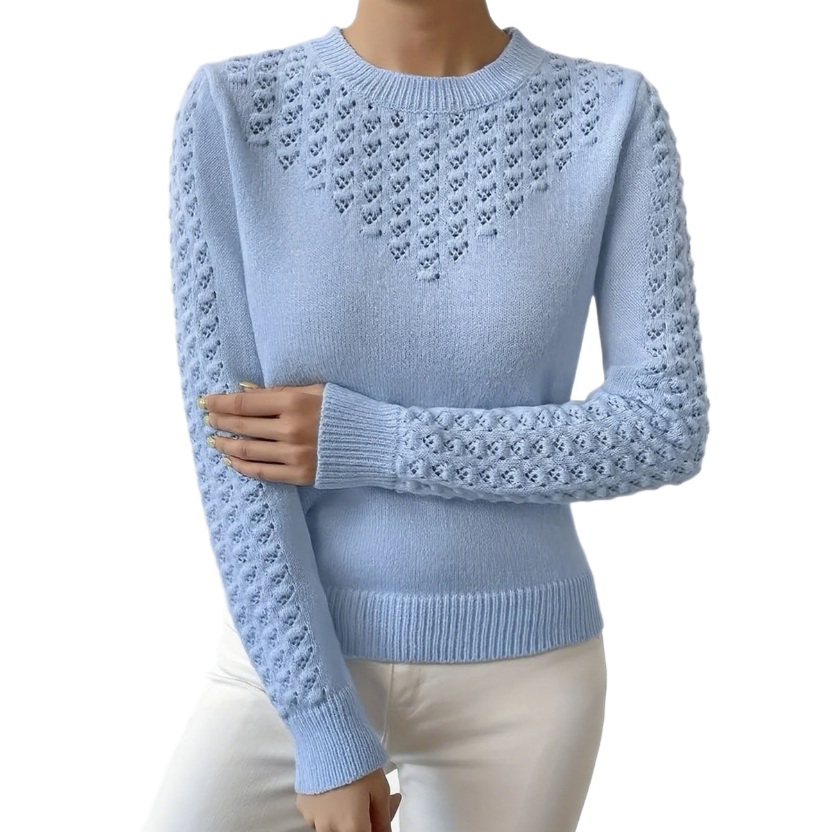 Womens Hollow-out Knitted Sweater with a Crew Neck and Long Sleeves, Slim-fit Design
