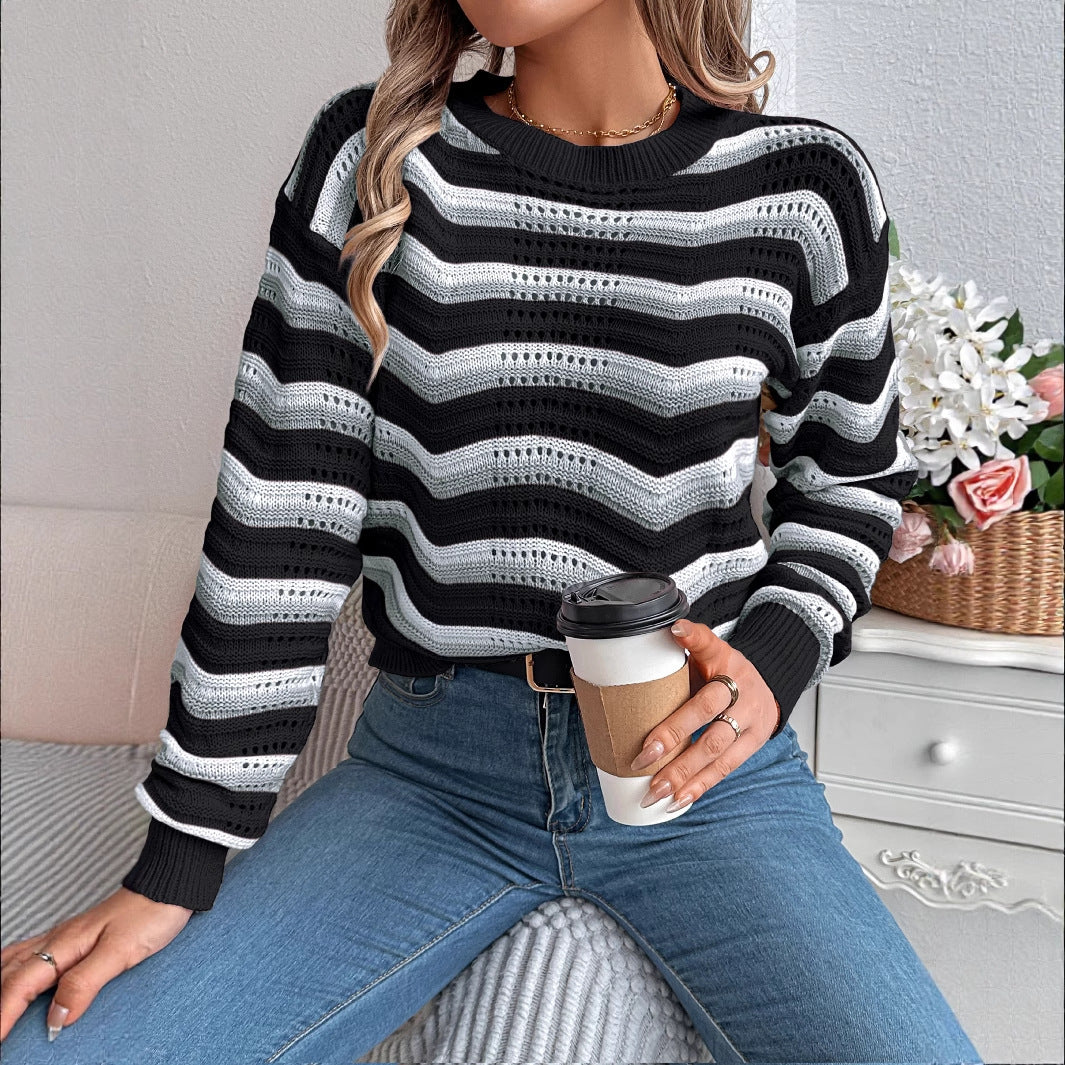 Womens Casual Hollow-out Colorblock Striped Lantern Long-sleeve Pullover Sweater