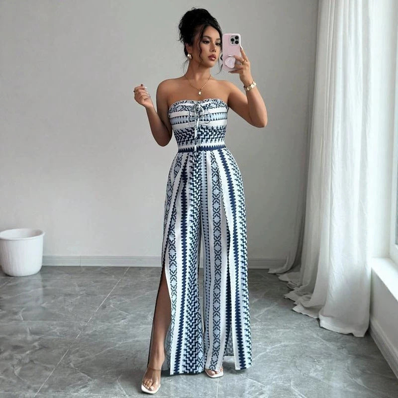 Womens Stylish Belted Slit-print Jumpsuit With A Cinched Waist
