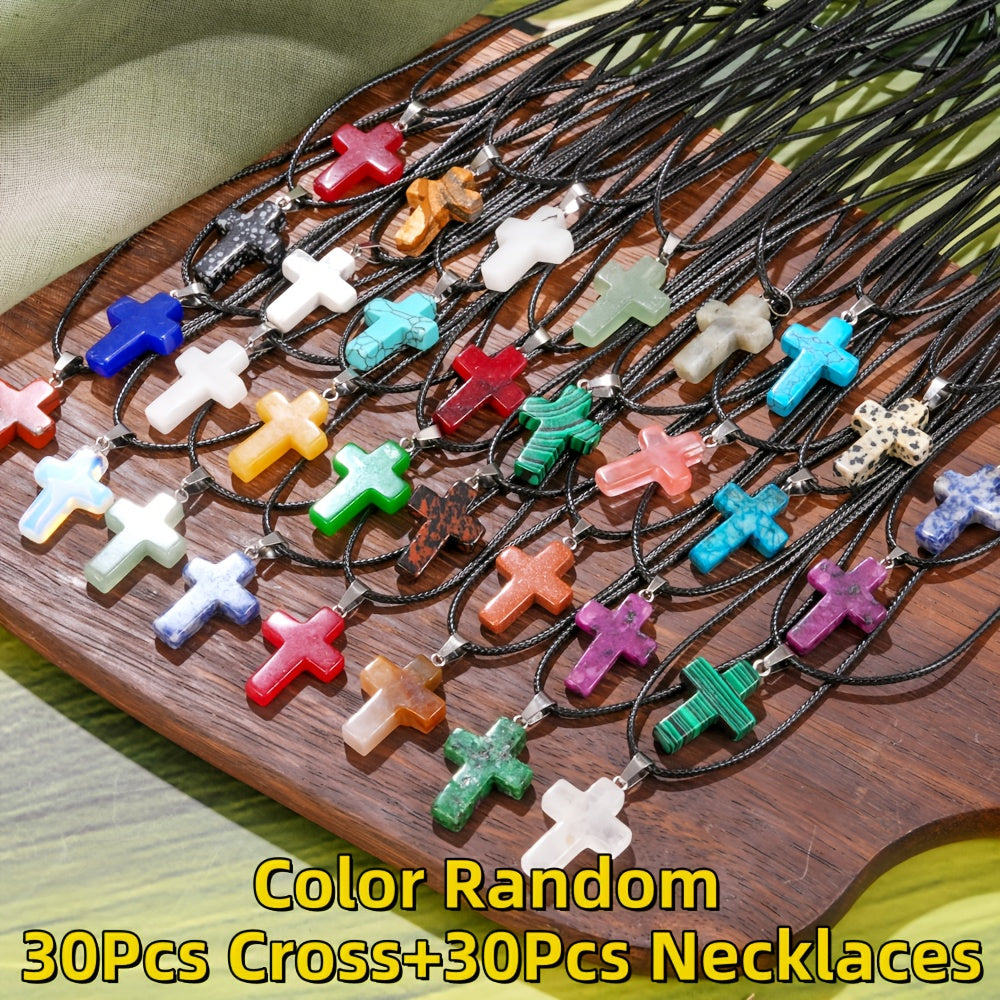 Assorted Hexagonal Crystal Stone Pendants with Black Leather Necklace Chain – 60 Pieces (30 Sets)