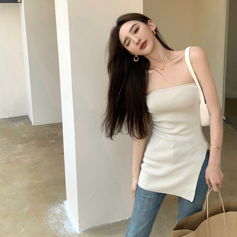 Backless Irregular Hem Tank Top & Straight Neck Bra Set