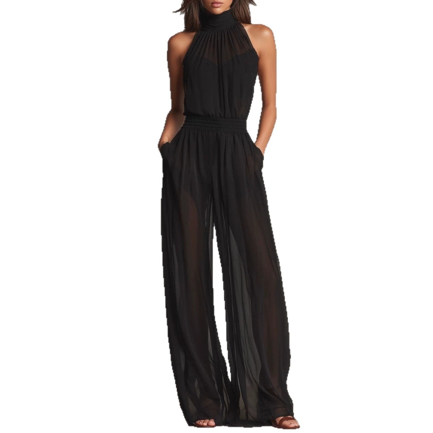 Womens Chiffon Spliced Sleeveless High-Neck Backless Wide-Leg Jumpsuit