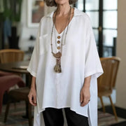 Loose-fit Cotton-linen Top With Buttons For Women